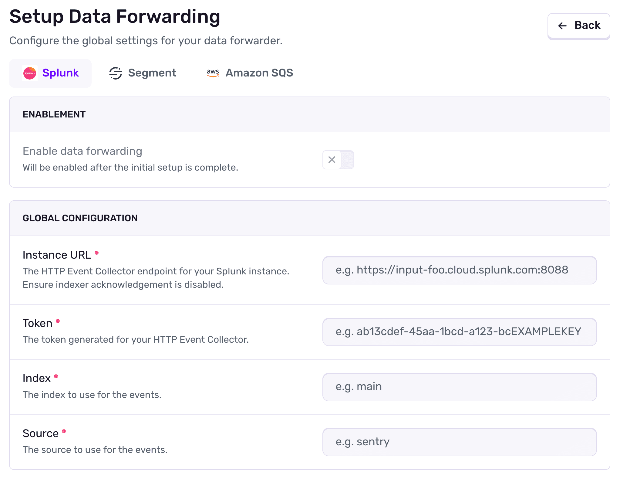 Data forwarding global configuration form
